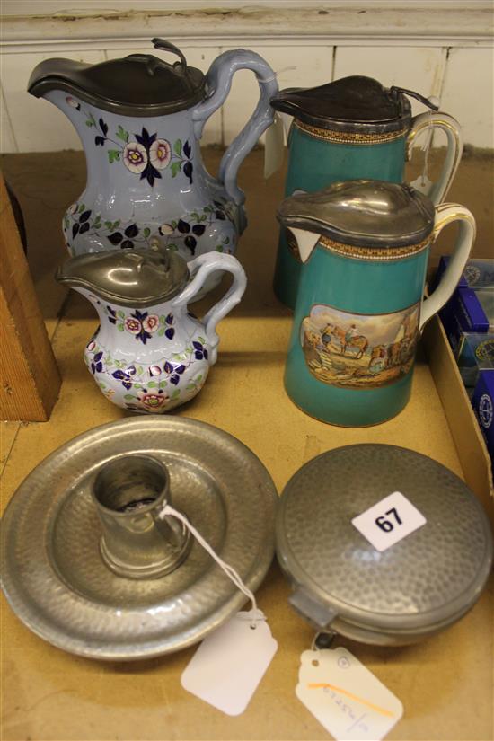 2 19C Prattware graduated scene jugs, turquoise ground, pewter mounts, 2 Ridgway moulded jugs, sundry pewter etc